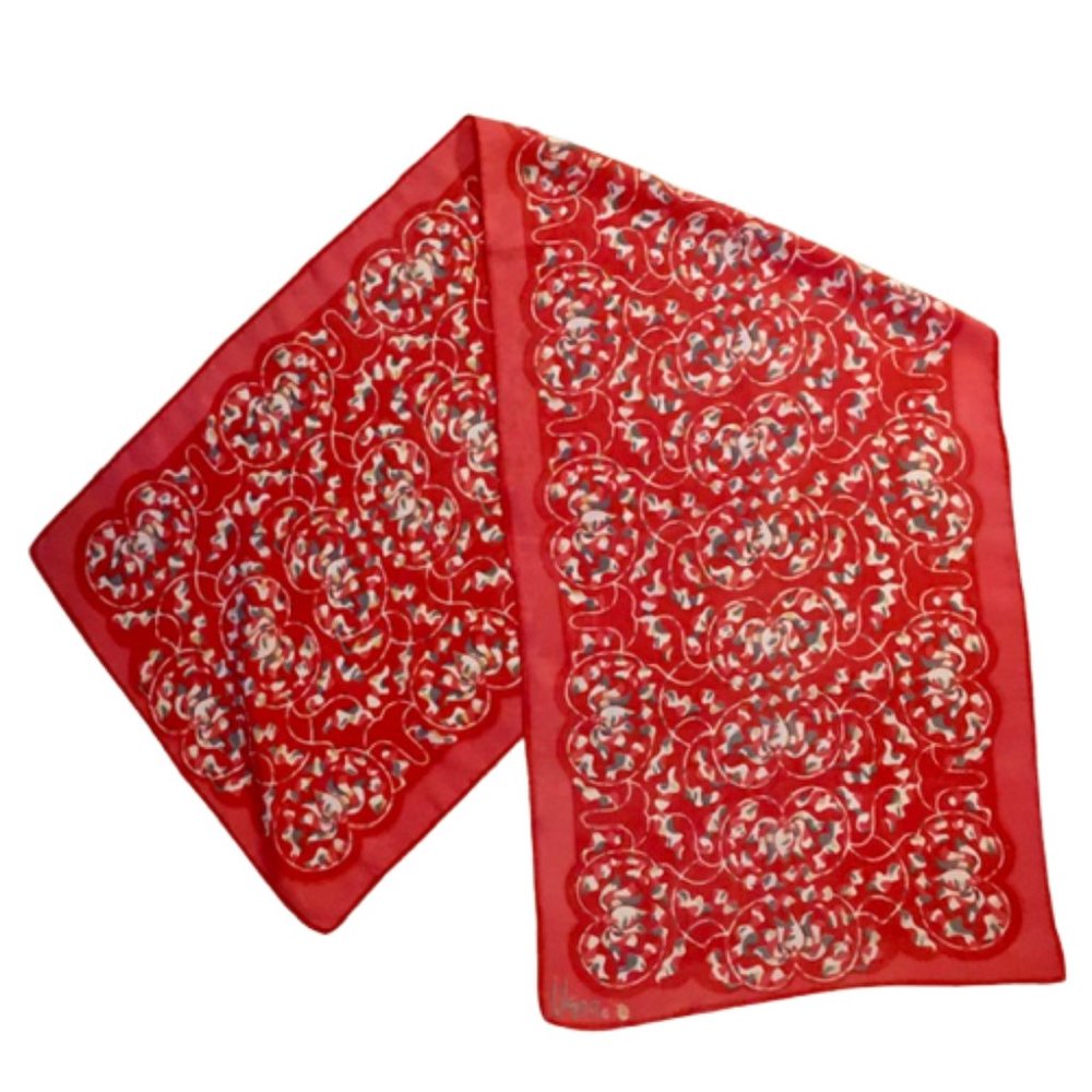 Vera Neumann Vintage 70s Silk Scarf Red Lotus Print Oblong